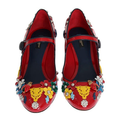Red Floral Leather Mary Janes Pumps