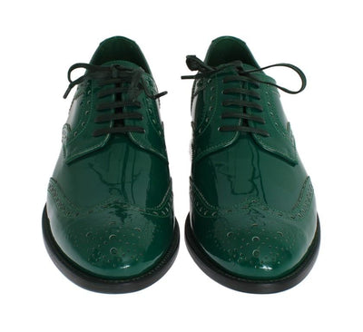 Green Leather Oxford Broques Flats Shoes