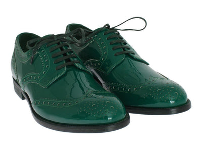 Green Leather Oxford Broques Flats Shoes