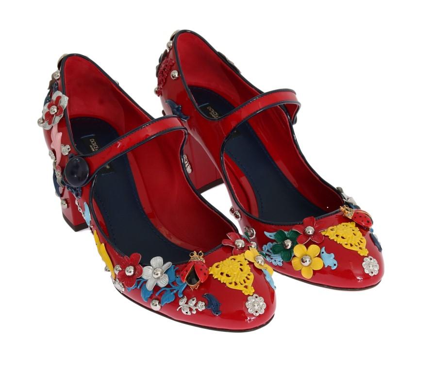 Red Floral Leather Mary Janes Pumps