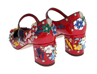 Red Floral Leather Mary Janes Pumps