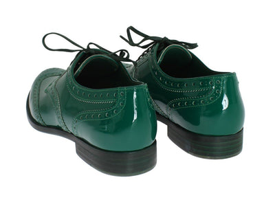 Green Leather Oxford Broques Flats Shoes