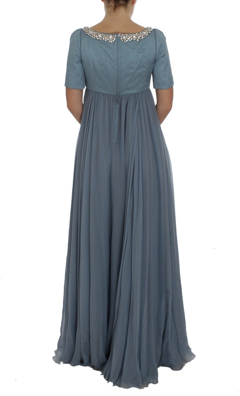 Blue Silk Crystal Sheath Gown Ball Dress
