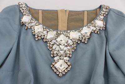 Blue Silk Crystal Sheath Gown Ball Dress
