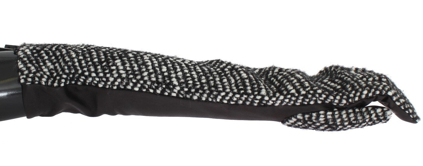 Black White Leather Wool Elbow Gloves