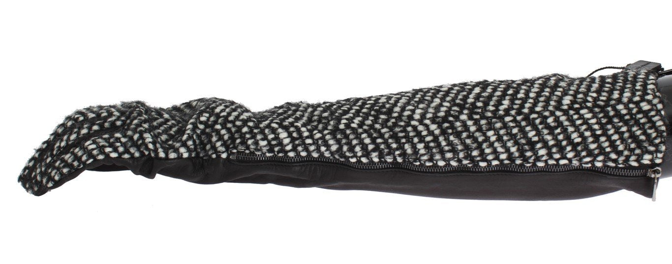 Black White Leather Wool Elbow Gloves