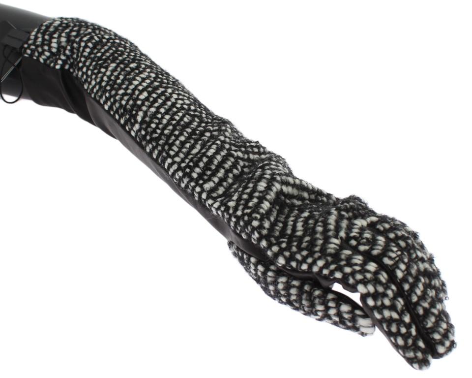 Black White Leather Wool Elbow Gloves