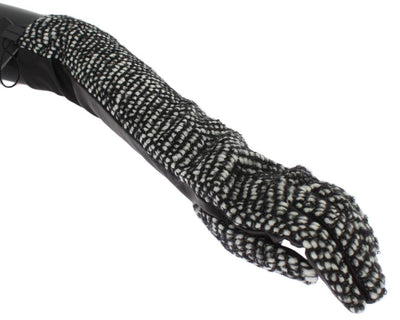 Black White Leather Wool Elbow Gloves