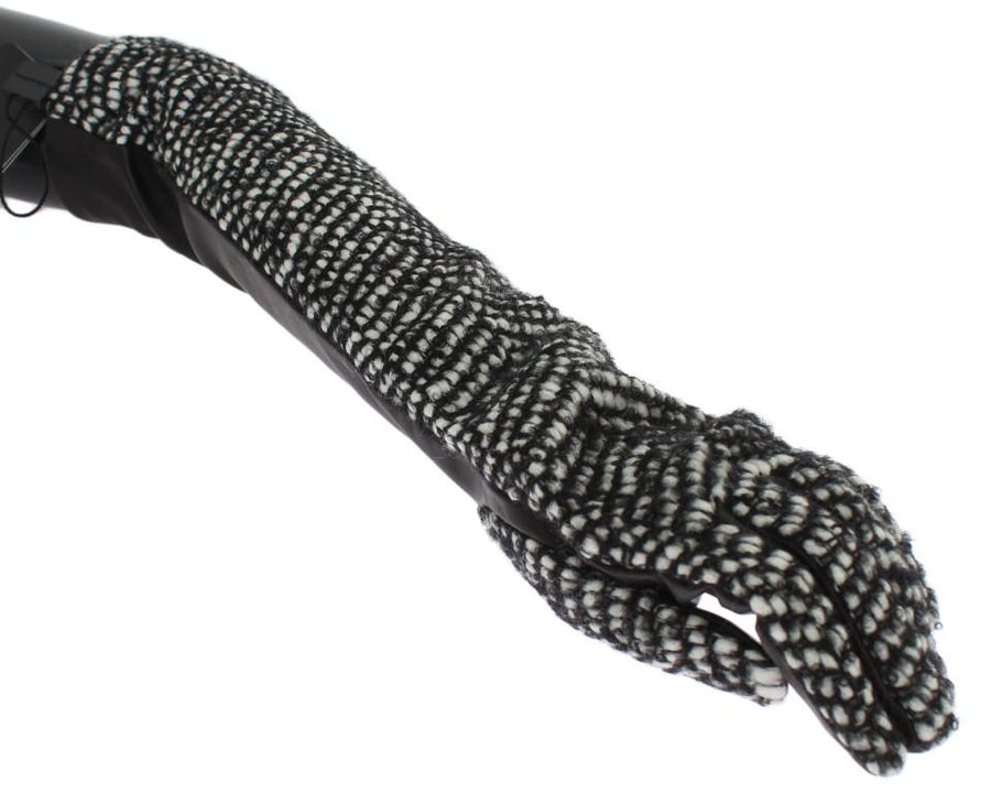 Black White Leather Wool Elbow Gloves