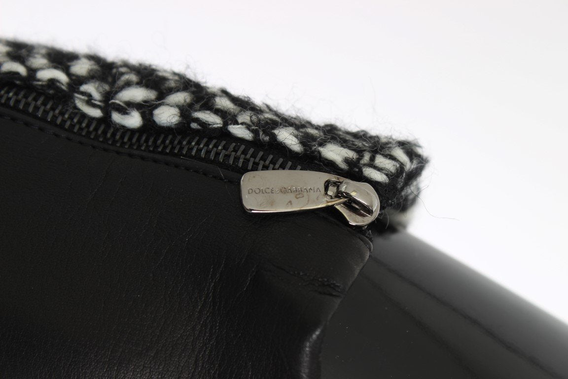 Black White Leather Wool Elbow Gloves