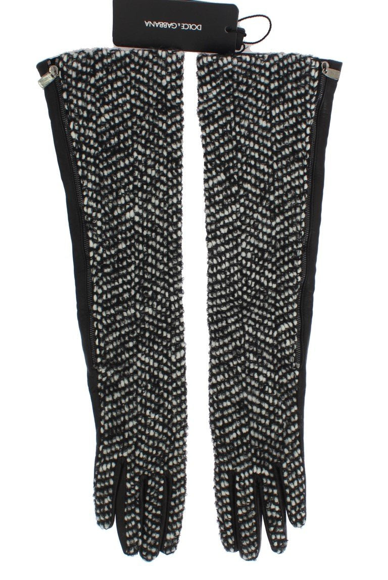 Black White Leather Wool Elbow Gloves