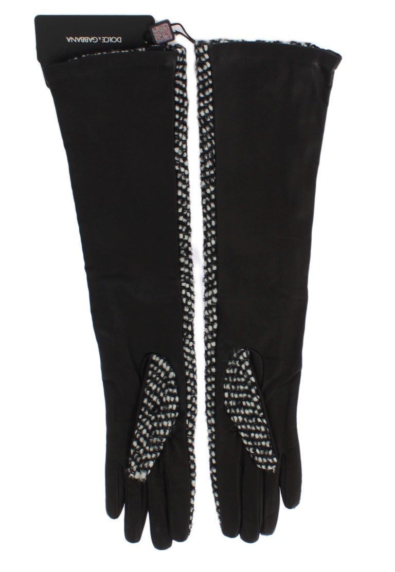 Black White Leather Wool Elbow Gloves