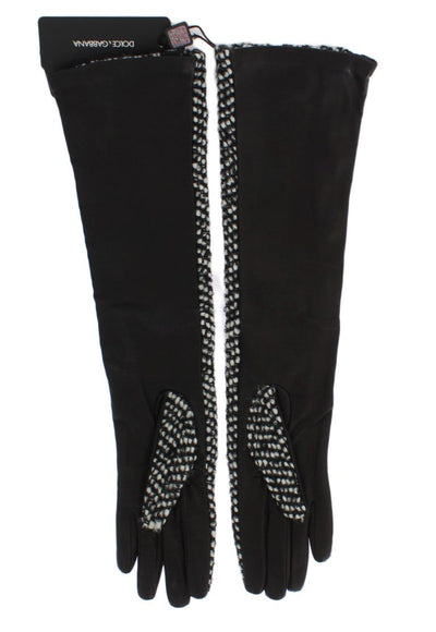 Black White Leather Wool Elbow Gloves