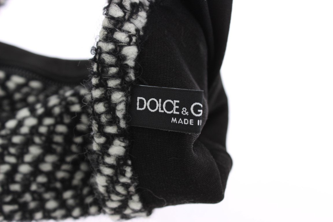 Black White Leather Wool Elbow Gloves