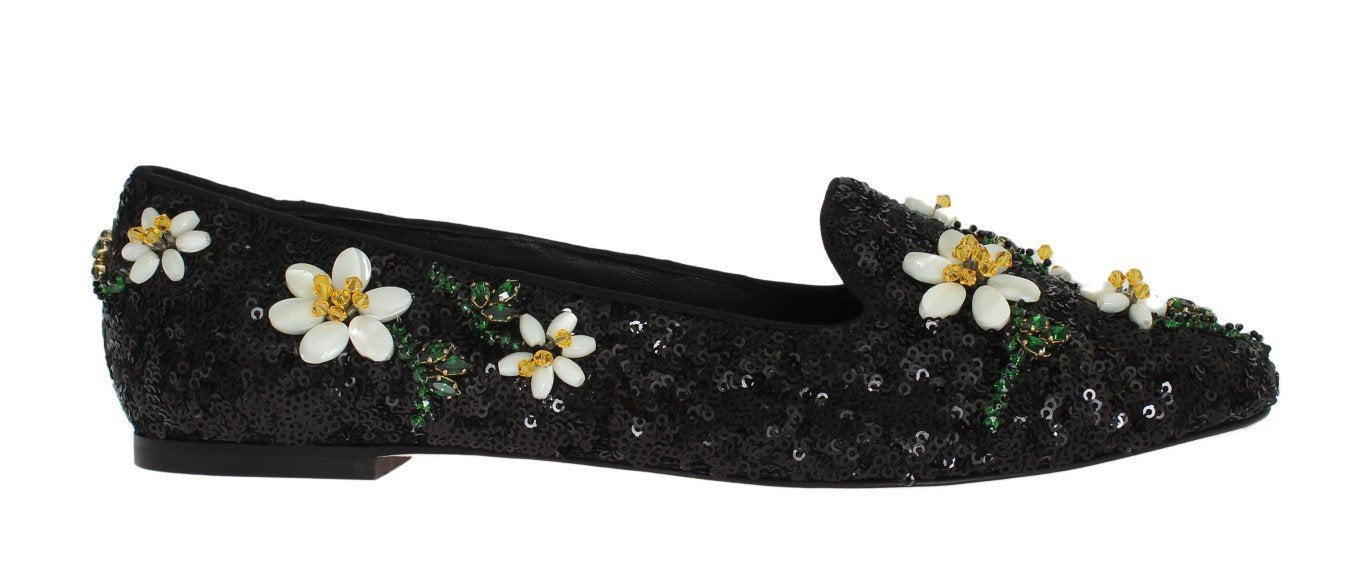 Black Sequined Crystal Flat Shoes