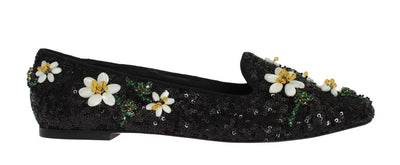 Black Sequined Crystal Flat Shoes