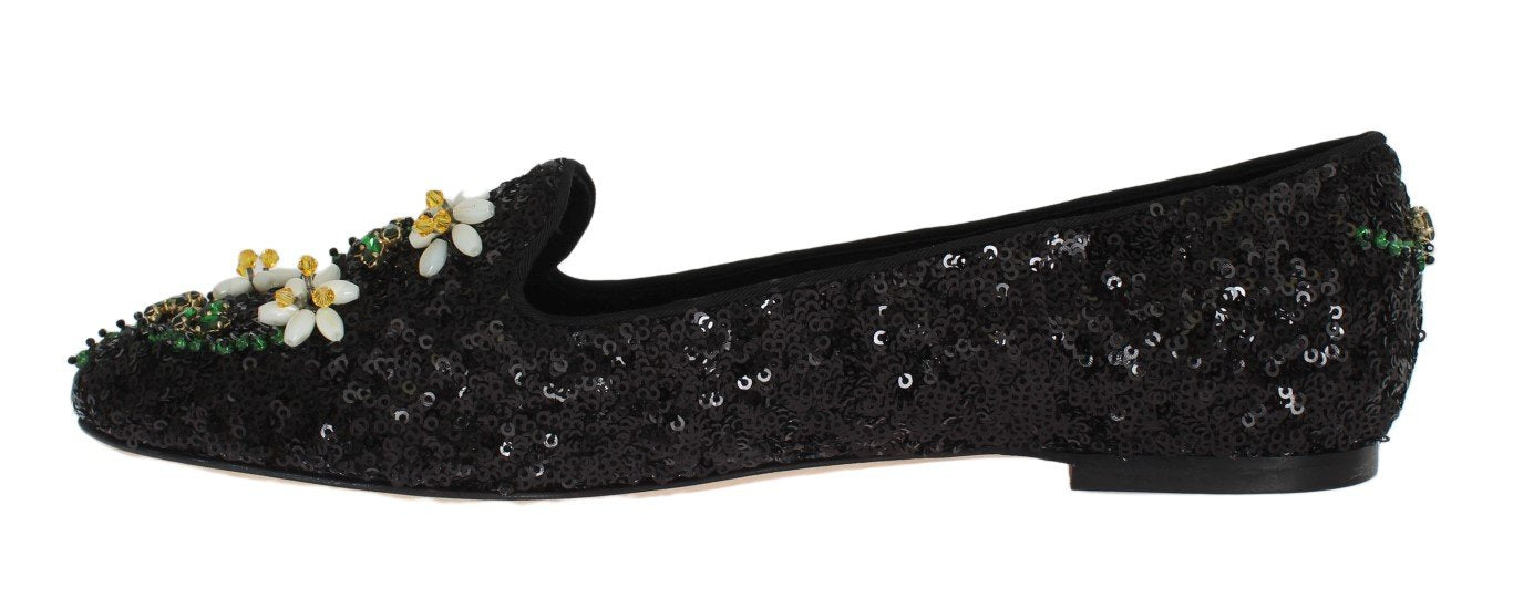 Black Sequined Crystal Flat Shoes