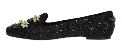 Black Sequined Crystal Flat Shoes