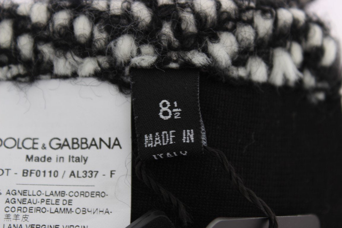 Black White Leather Wool Elbow Gloves