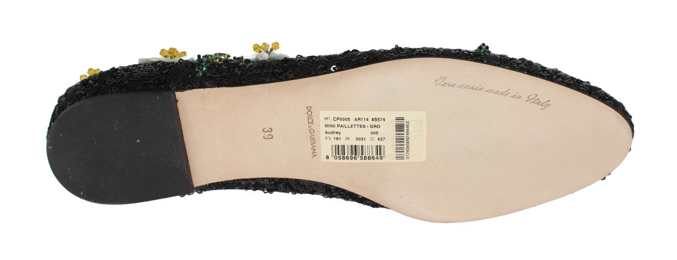 Black Sequined Crystal Flat Shoes