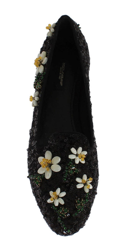 Black Sequined Crystal Flat Shoes