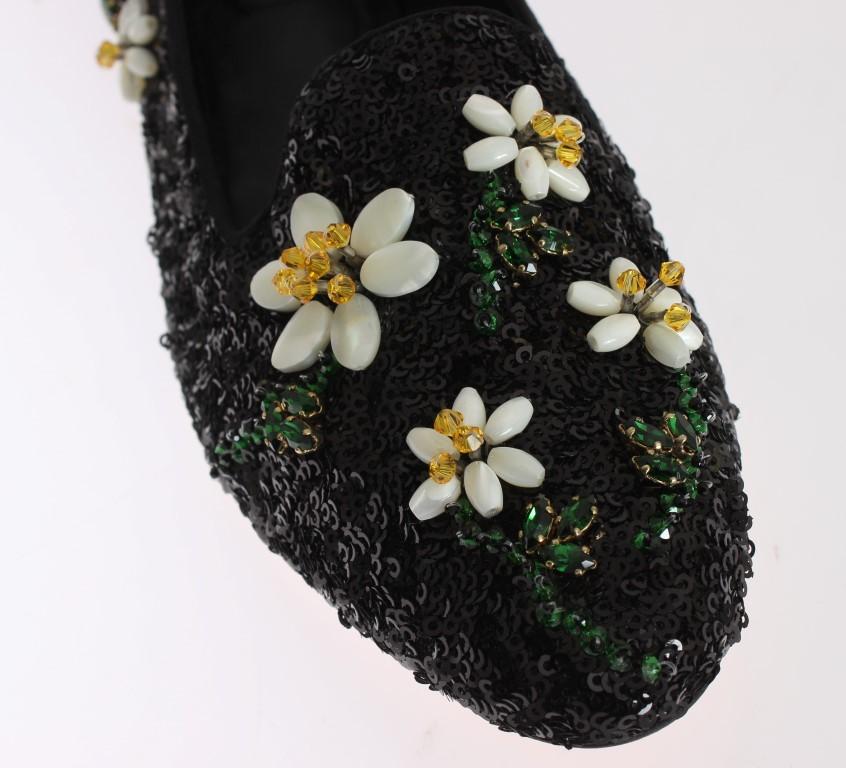 Black Sequined Crystal Flat Shoes