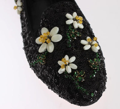 Black Sequined Crystal Flat Shoes