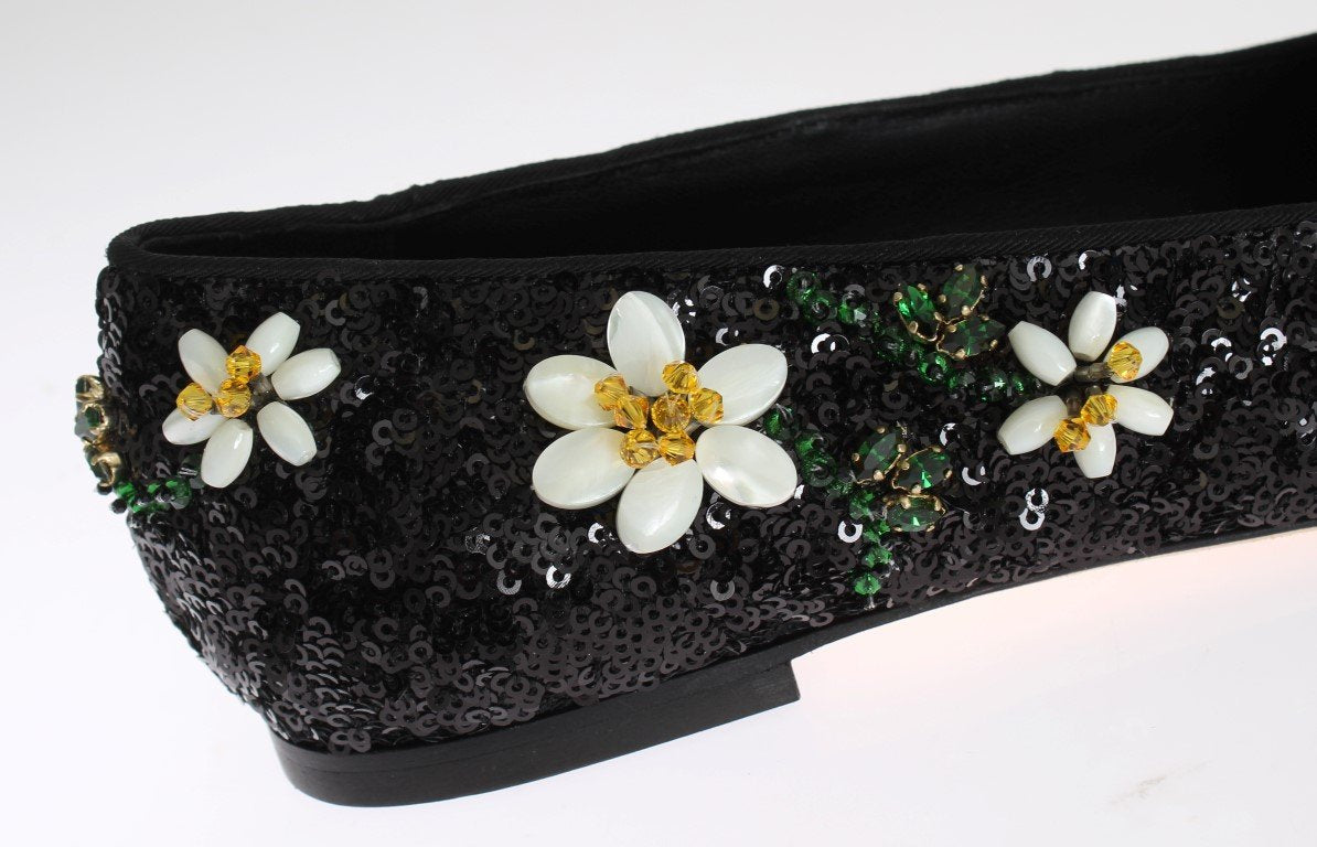 Black Sequined Crystal Flat Shoes