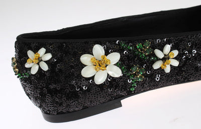 Black Sequined Crystal Flat Shoes
