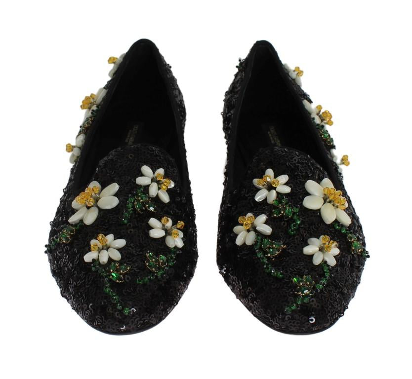 Black Sequined Crystal Flat Shoes