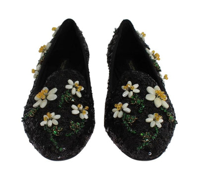 Black Sequined Crystal Flat Shoes