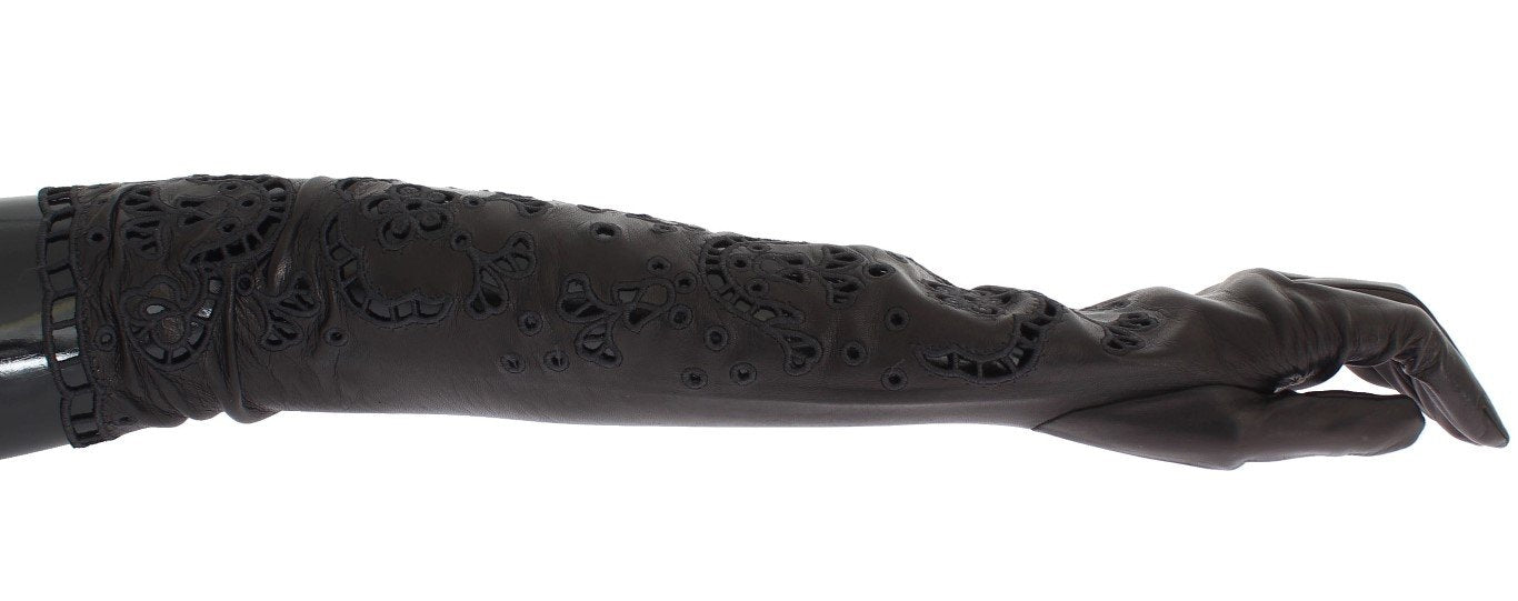 Black Leather Floral Cutout Elbow Gloves