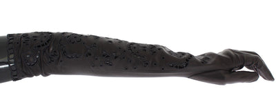 Black Leather Floral Cutout Elbow Gloves