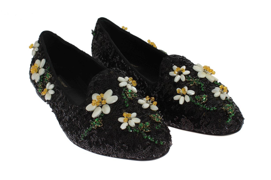 Black Sequined Crystal Flat Shoes