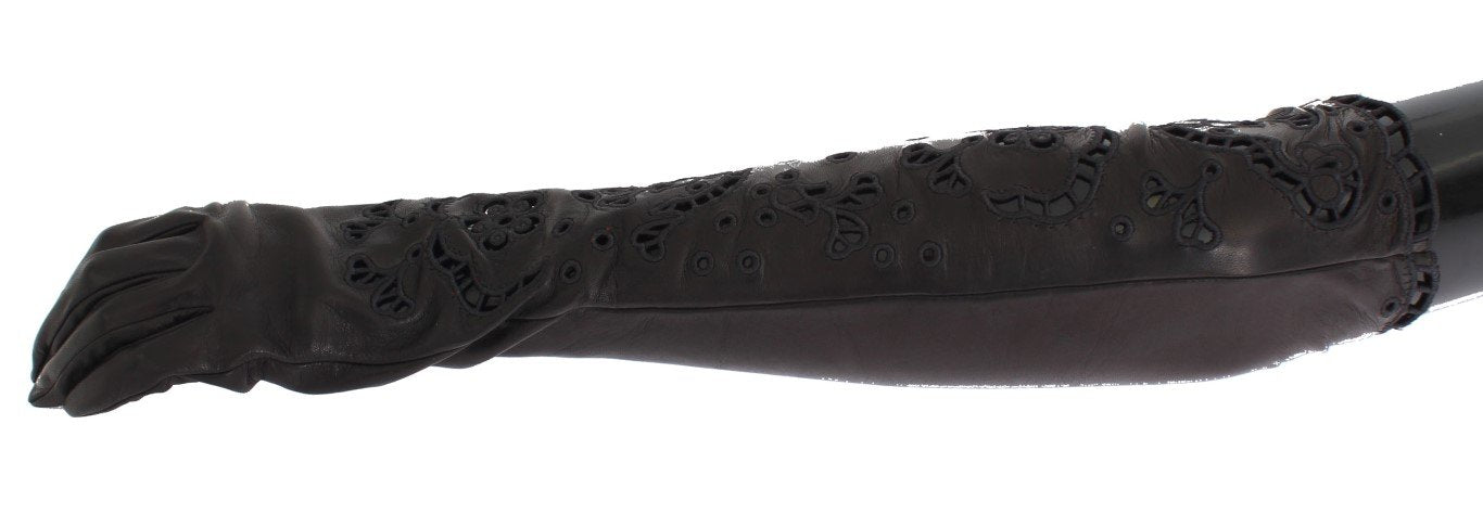 Black Leather Floral Cutout Elbow Gloves