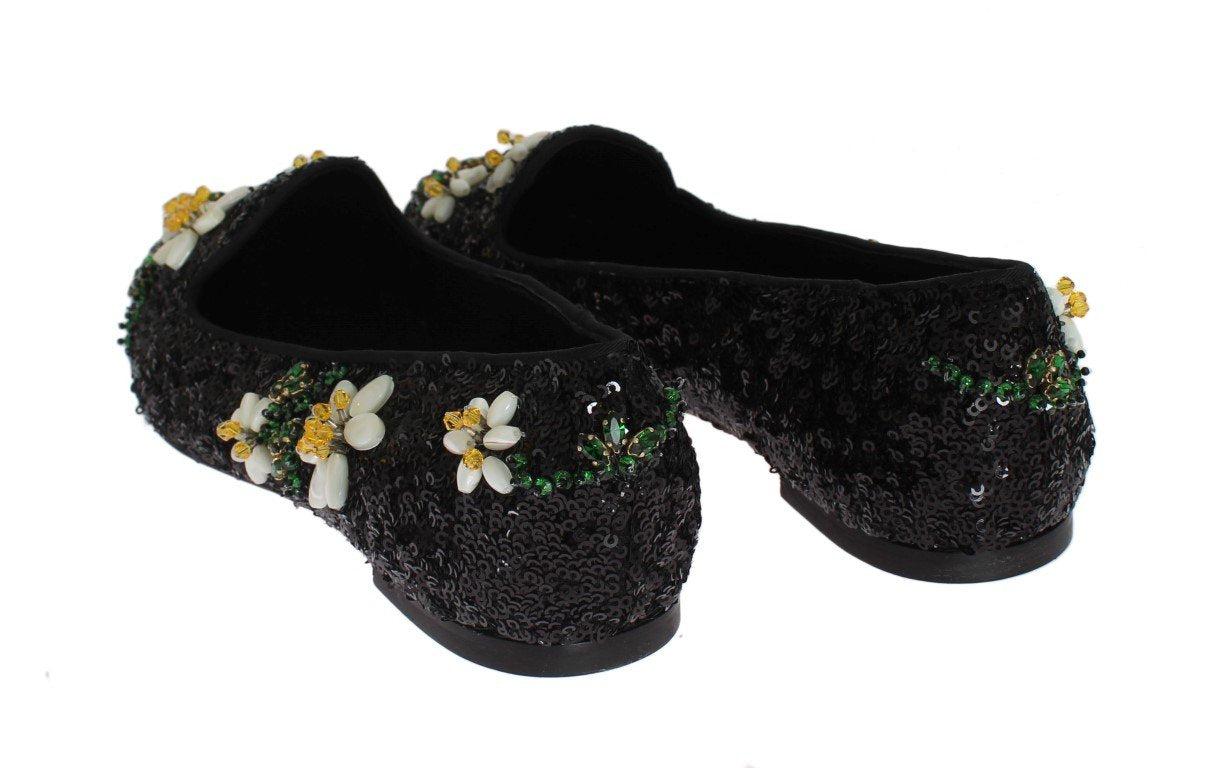 Black Sequined Crystal Flat Shoes
