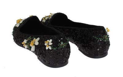 Black Sequined Crystal Flat Shoes