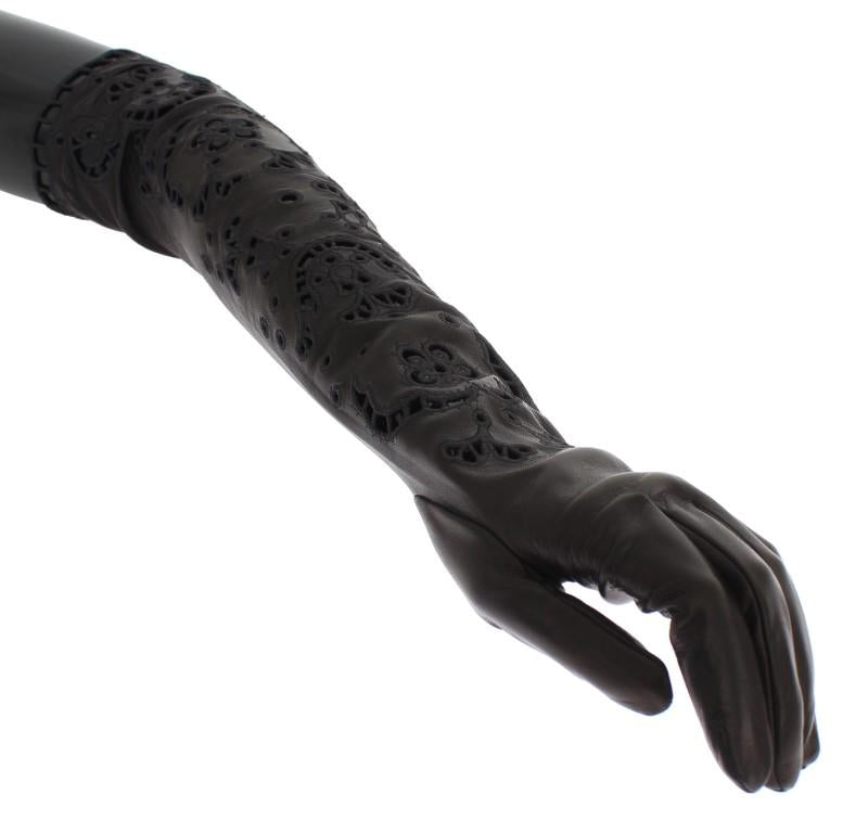 Black Leather Floral Cutout Elbow Gloves