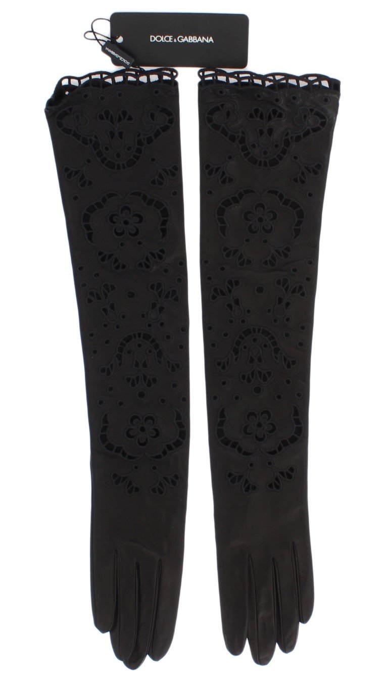 Black Leather Floral Cutout Elbow Gloves