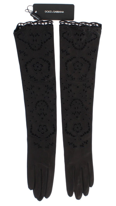 Black Leather Floral Cutout Elbow Gloves
