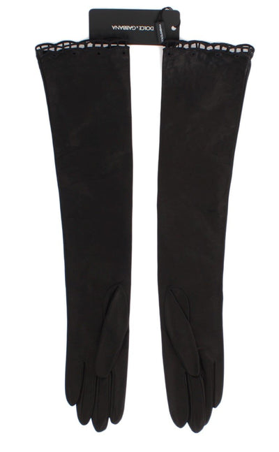 Black Leather Floral Cutout Elbow Gloves