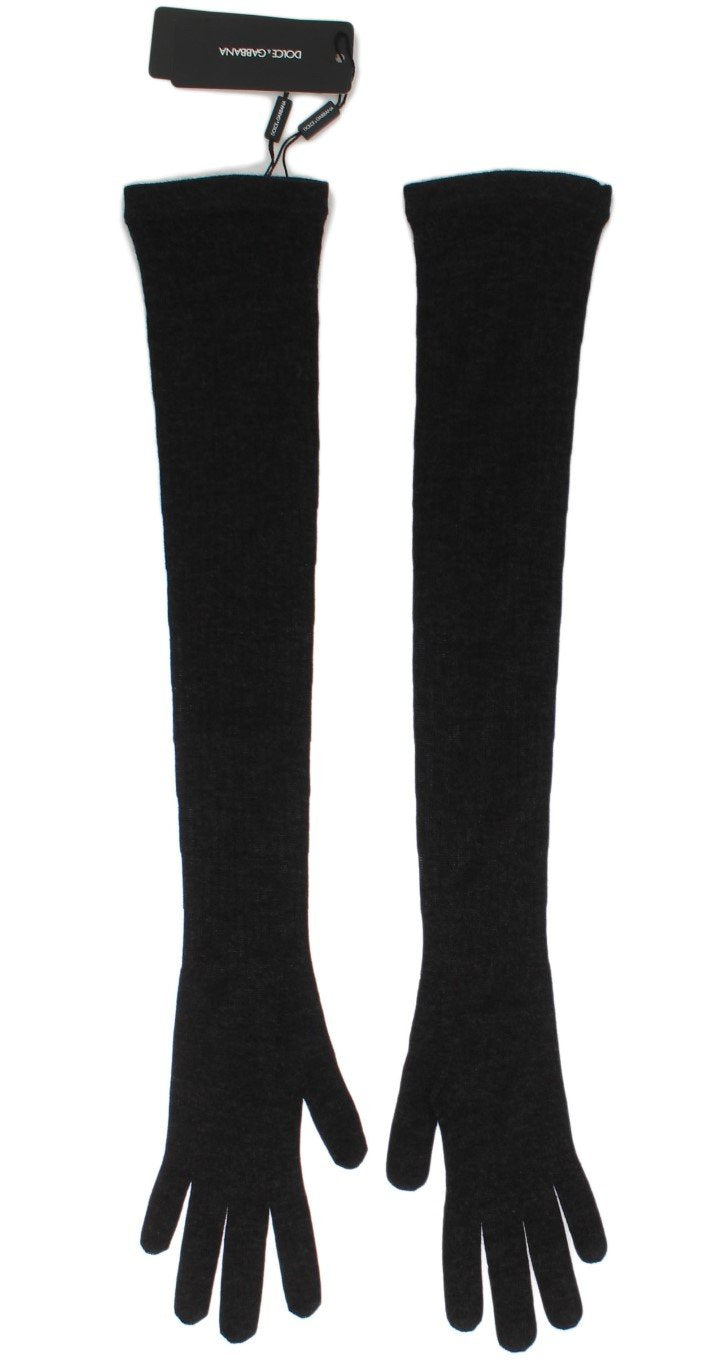 Gray Ribbed Cashmere Elbow Long Gloves