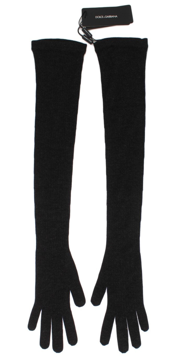 Gray Ribbed Cashmere Elbow Long Gloves