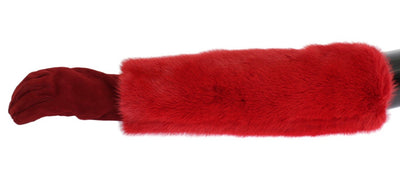 Red Leather Mink Fur Elbow Gloves