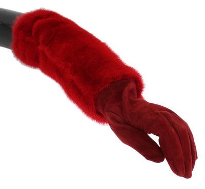 Red Leather Mink Fur Elbow Gloves