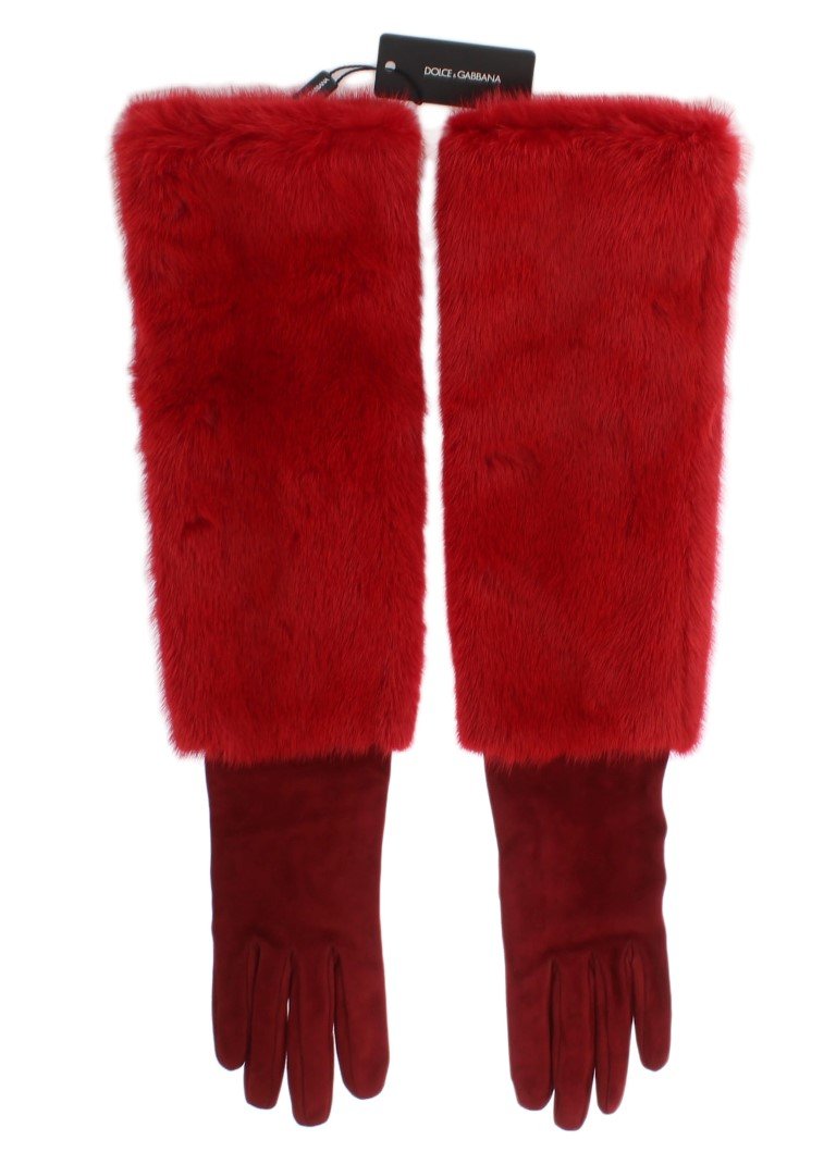 Red Leather Mink Fur Elbow Gloves