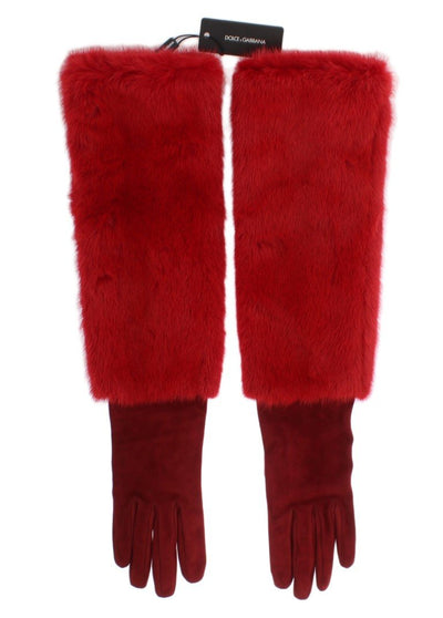 Red Leather Mink Fur Elbow Gloves