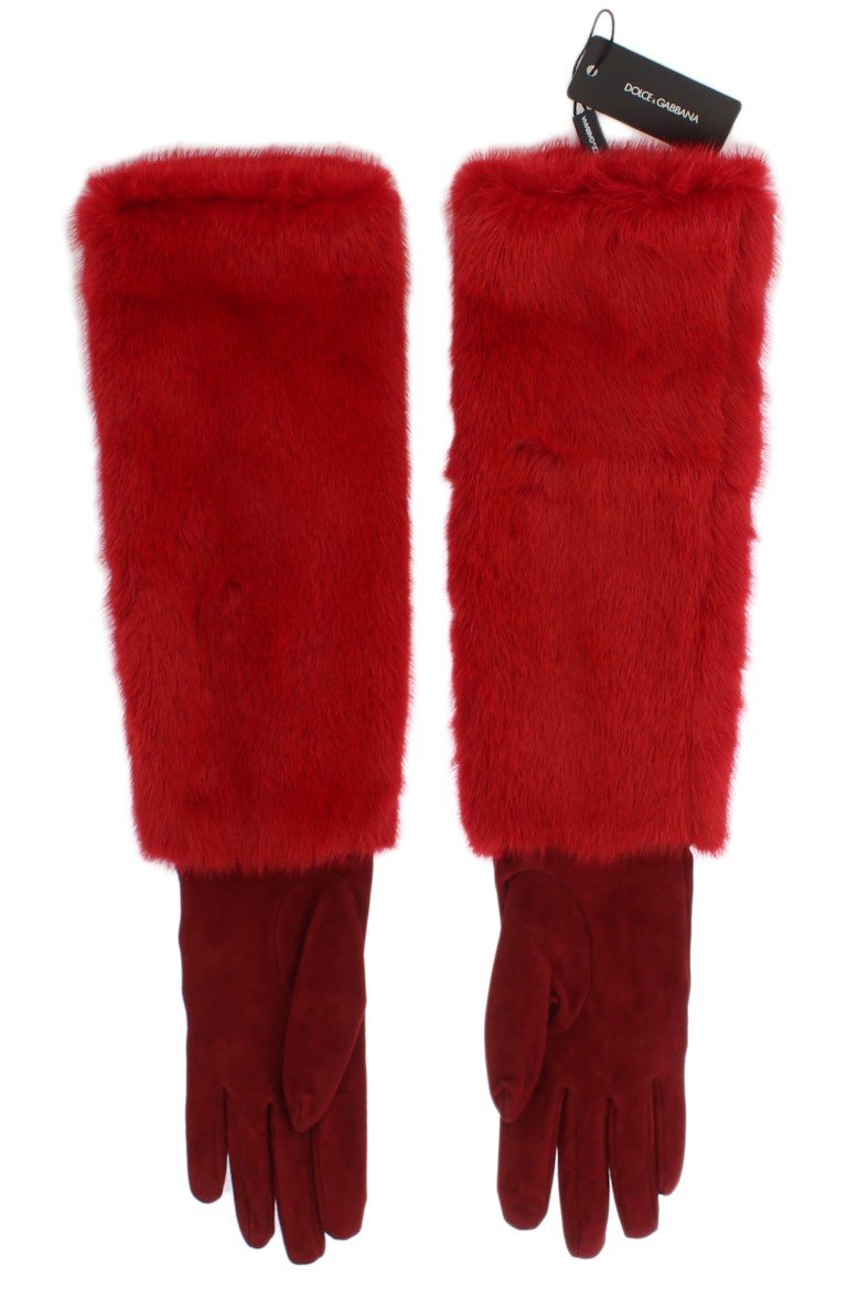 Red Leather Mink Fur Elbow Gloves