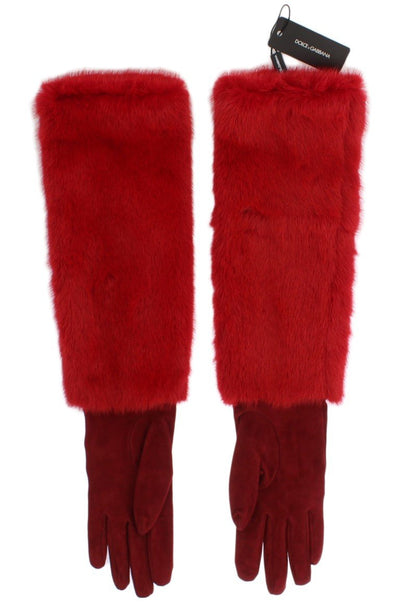 Red Leather Mink Fur Elbow Gloves