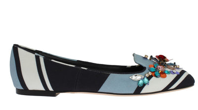Blue White Wool Crystal Flat Loafers